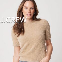 (NEW) (1 AVAILABLE) WOMEN’S J.CREW FACTORY CAMEL SHIMMER SHORT-SLEEVE TINSEL SWEATER - SIZE: SMALL