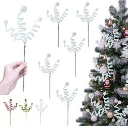 6pc Christmas Tree Picks ,15.5" H White Iridescent Electroplated PVC Sequin Christmas Picks, Curly Twigs with Electroplated Ball for Christmas Tree, W