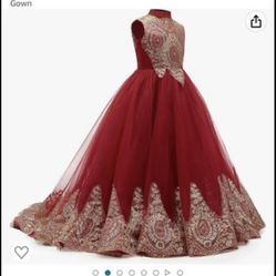 Girls Fancy Red And Gold Party Dress 10/12 