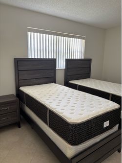 Two twin Bed Frame with Mattress and nightstands