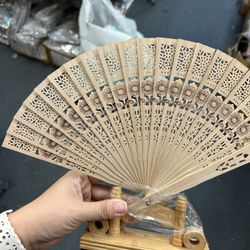 100 Pieces Wooden Fans Hand Held Folding Fans Vintage Chinese Fans Hollow Pattern and Gift Bag for Wedding Guest, Baby Shower, Birthd
