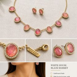 White House Black Market Pink Crystal Necklace & Earrings Set – Gold Tone
