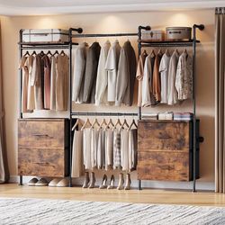 T4 Wall Mounted Closet System with 4 Large Drawers & 4 Hanging Rods Adjustable from 4'4'' to 5'9'', Industrial Pipe Clothing Rack with 8 Wood Shelves,