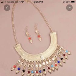 Colorful Stone Tassel Charm Gold Plated Set Necklace and Earrings