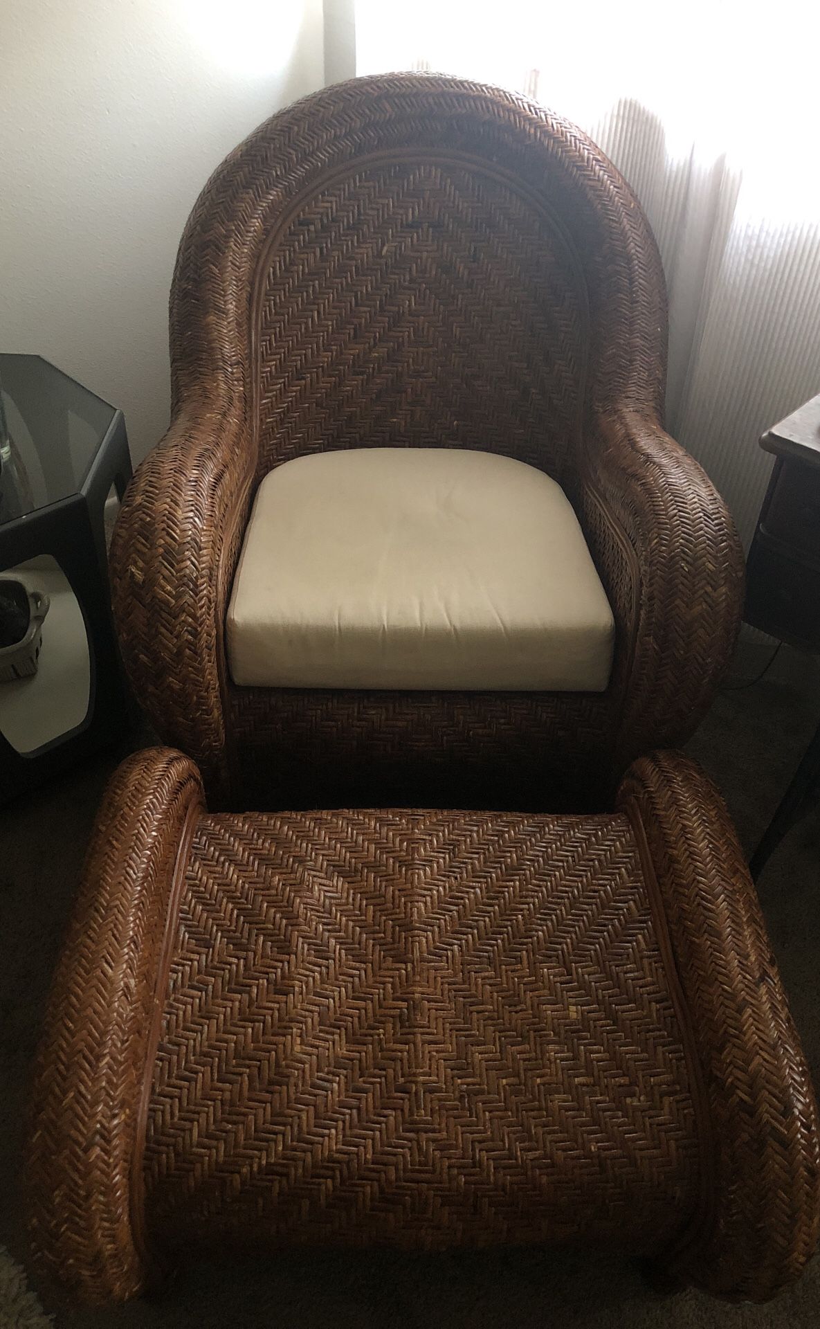 Pottery Barn Malabar rattan chair and ottoman