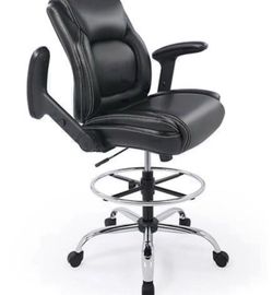 Ergonomic Mid-Back Leather Adjustable Drafting Chair with Multi-Function Arms and Foot Ring, Standing-Desk Matched Tall Swivel Computer Office Stool,