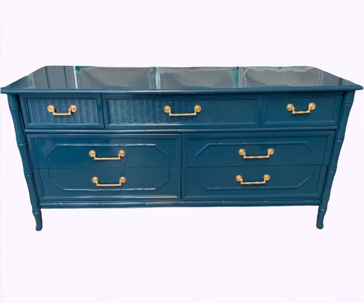 Vintage faux bamboo cane front 7 drawer dresser credenza by Broyhill