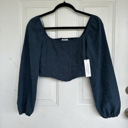 Kirious LA Teal Suede Feel Crop Top Long Sleeve Smocked Back Corset Top Size S