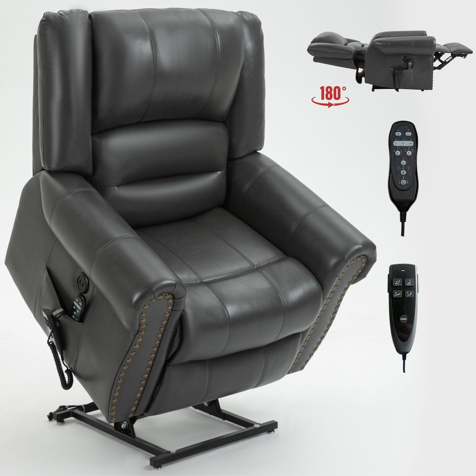 Power Lift Recliner Chair Heat Massage Dual Motor Infinite Position Up to 350 LBS, Faux Leather, Heavy Duty Motion Mechanism with USB Ports, Grey