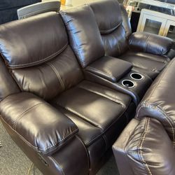 Loveseat And Sofa — Leather Recliner Brown With Plush Seating — Easy Financing ✨
