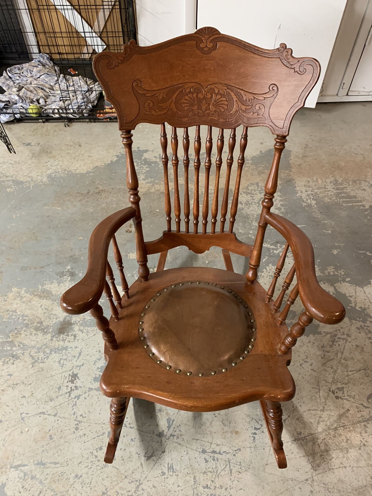 Handcrafted rocking chair with leather and burlap seat