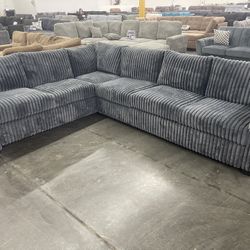 Gray Sectional Sofa  - Plush Corduroy Fabric