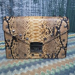 BADGLEY Mischka snakeskin-print vegan leather crossbody bag featuring gunmetal hardware and studs. # Z
