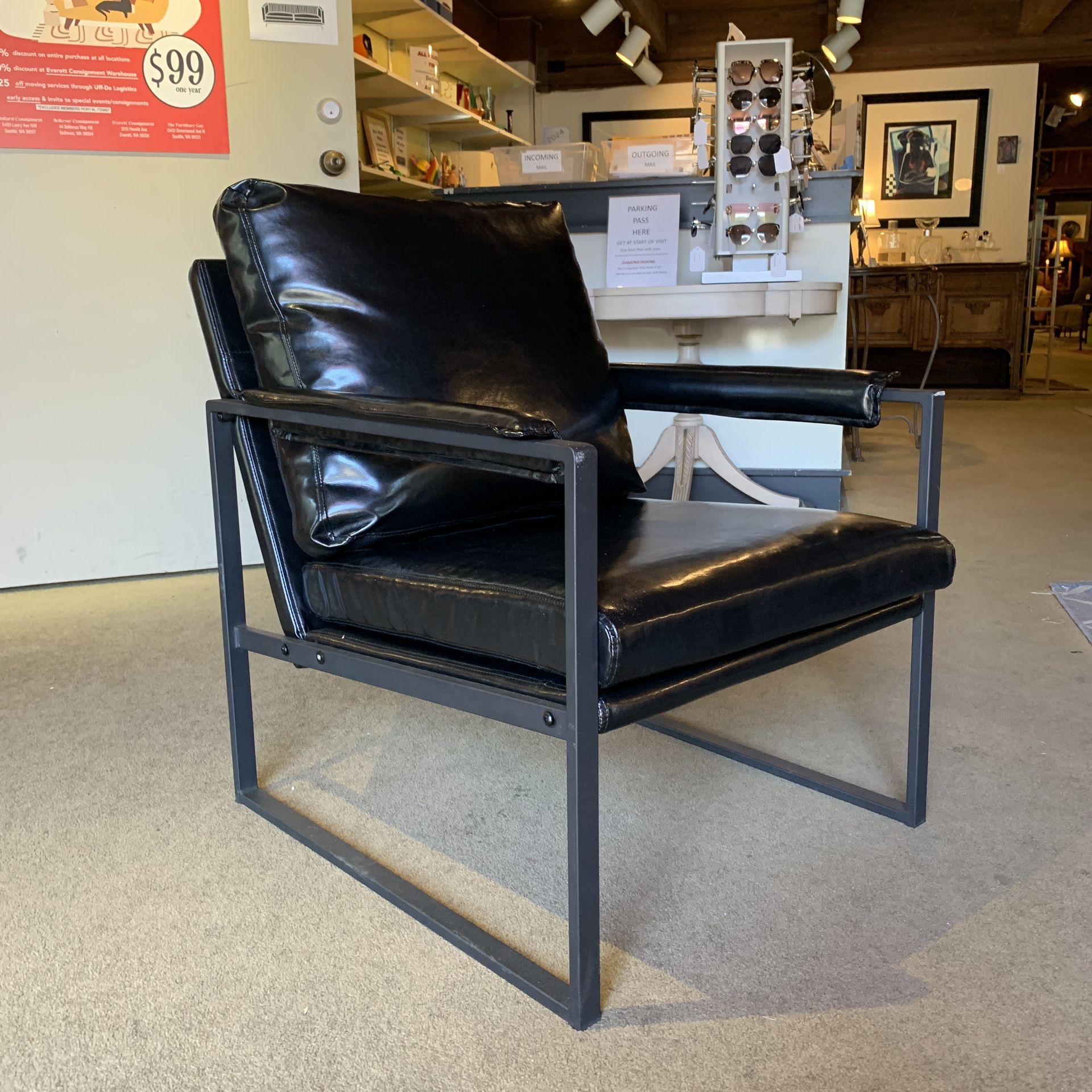 Black Leather Metal Framed Armchair