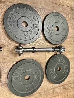Standard Set of Adjustable Cast Iron Dumbbells, (4) 10s, (4) 5s and NEW Dumbbell Bars.