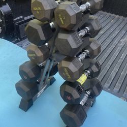 RUBBER  SET  OF  DUMBBELLS (PAIRS OF)  :  8s  10s  12s  15s  20s  +  SPACE  SAVING  PYRAMID  RACK 