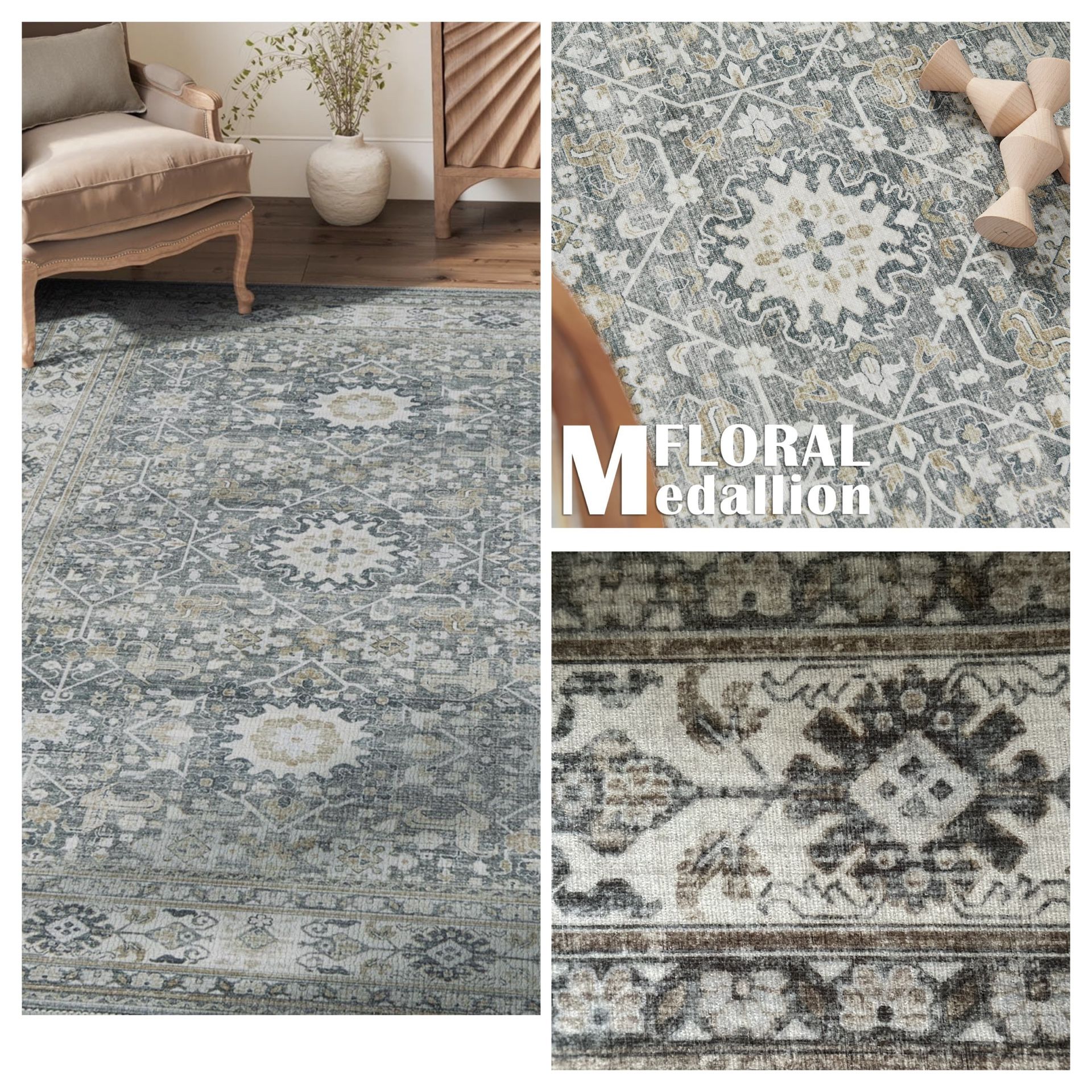 jinchan Area Rug 6x9 Washable Living Room Rug Vintage Distressed Gray Multi Floral Floor Cover Indoor Mat Retro Carpet Bedroom Kitchen Office Farmhous