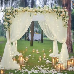 20ft X 10ft Ivory Backdrop Curtain With Lights String For Parties, Sheer Tulle Wedding Photo Backdrops Drapes For Baby Shower Birthday Party Decoratio