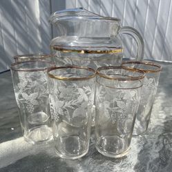 Vintage Bartlett Collins Frosted Grape Leaves Pitcher & 5 Matching Glasses Mid Century Set 
