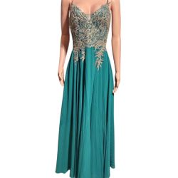 Chica teal green gold embroidery spaghetti straps lace up maxi dress XL