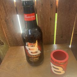 Vintage Budweiser Large Display Beer Bottle 15” Tall Dale Earnhardt Jr #8 NASCAR & Bass Pros Beer Holder 