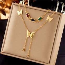 Gold Butterfly Layered Necklace with Colorful Stones