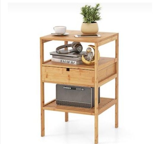 Bamboo Nightstand With Storage Drawer And Slatted Shelf 1 piece