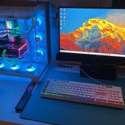 Whole Pc Setup Including 2 Monitors, Keyboard, Mouse, And Desk 