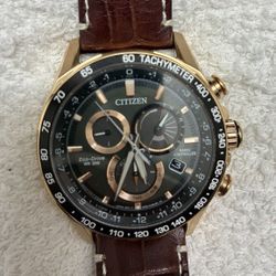 Citizens Men’s PCAT Gold-Tone Stainless Steel Watch With Brown Leather Strap