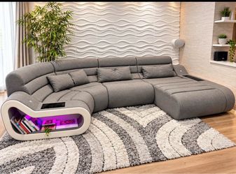 Modern LED Sectional Sofa - USB Chargers & Built-In Bookshelves