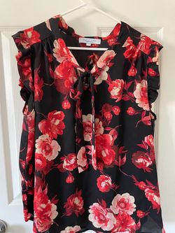 Women's Plus Size 2X Floral Blouse Black Red Coral Ruffle Short Sleeve Blouse