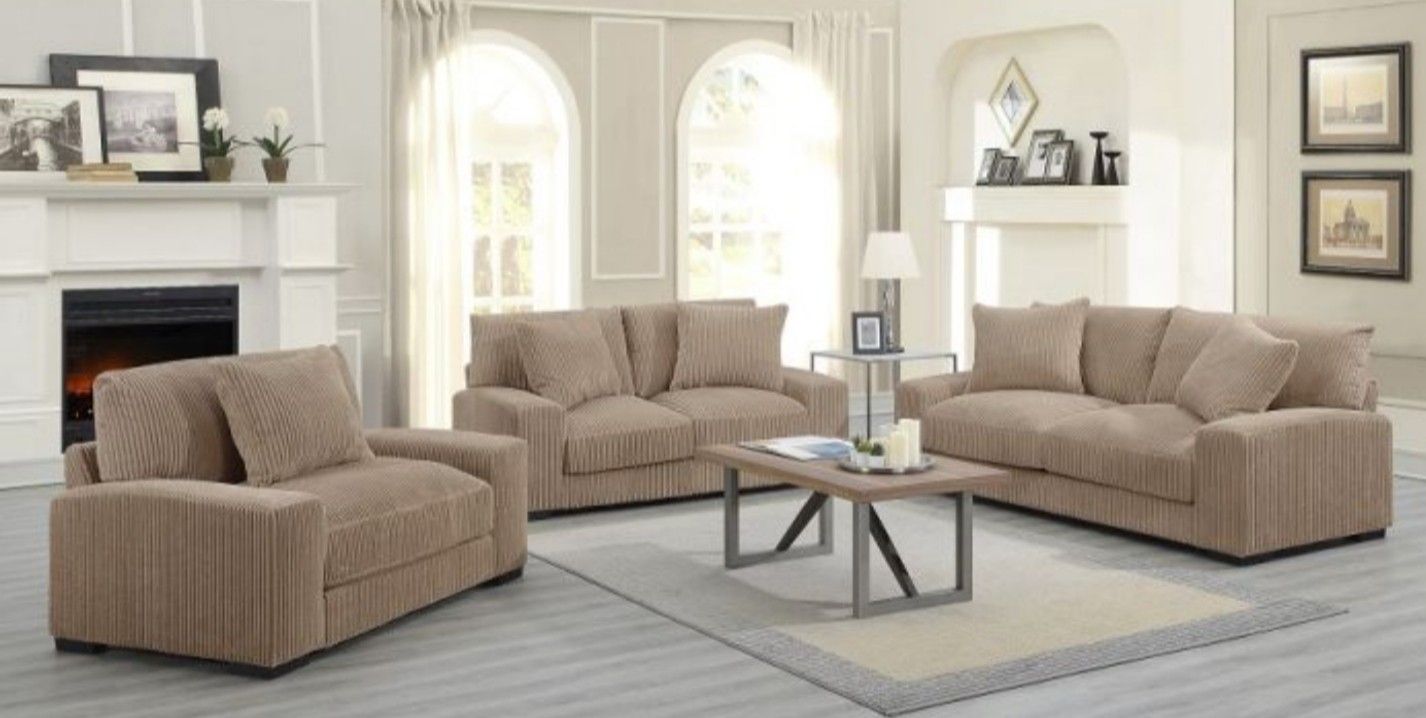 Poly Blend Fabric Luxe Mink-Colored Microfiber Sofa, Loveseat, And Chair