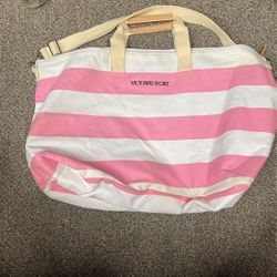 Victoria's Secret Striped Beach Bag Tote Duffle Weekend Travel Pink White