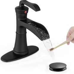Brass Waterfall Bathroom Faucet Black, Single Handle Bathroom Sink Faucet 1 Hole, 4 Inch Bathroom Faucets 3 Hole with Deck Plate, Pop-up Drain and Sup