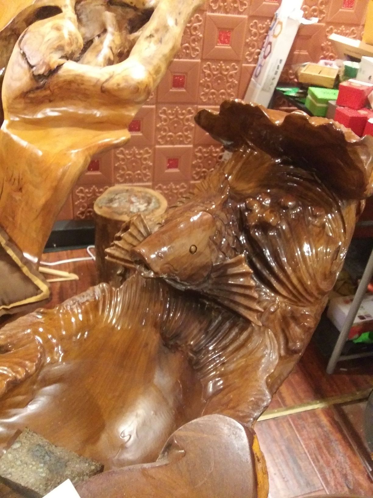 Hand carved wood fountain with fish head