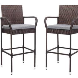 VINGLI Outdoor Bar Stools Set of 4 with Cushions Wicker Bar Stools, Patio Bar Chairs Bar Height