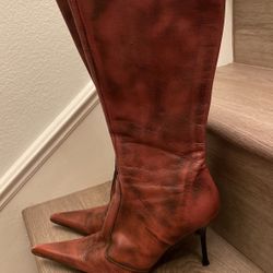 Leather Pink Black Leather Boots Size 7