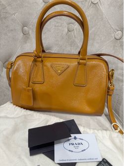 Prada Saffiano Vernice Medium Boston Bag in Cameo PRE-LOVED Authentic