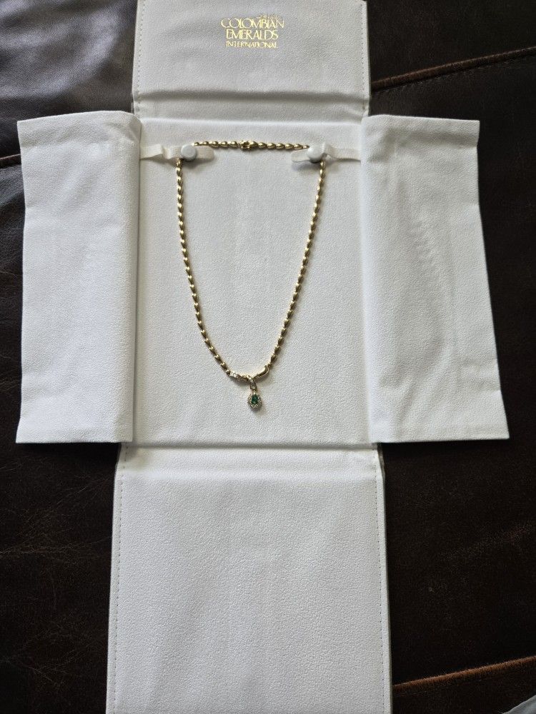 14K Yellow Gold Genuine Emerald & Genuine Diamond Necklace. Total Approximately Weight 20.95 Grams