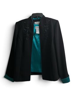 Perceptions Beaded Holiday 2-Pc Black Blazer Jacket w/Teal Trim & Cami Sz 10