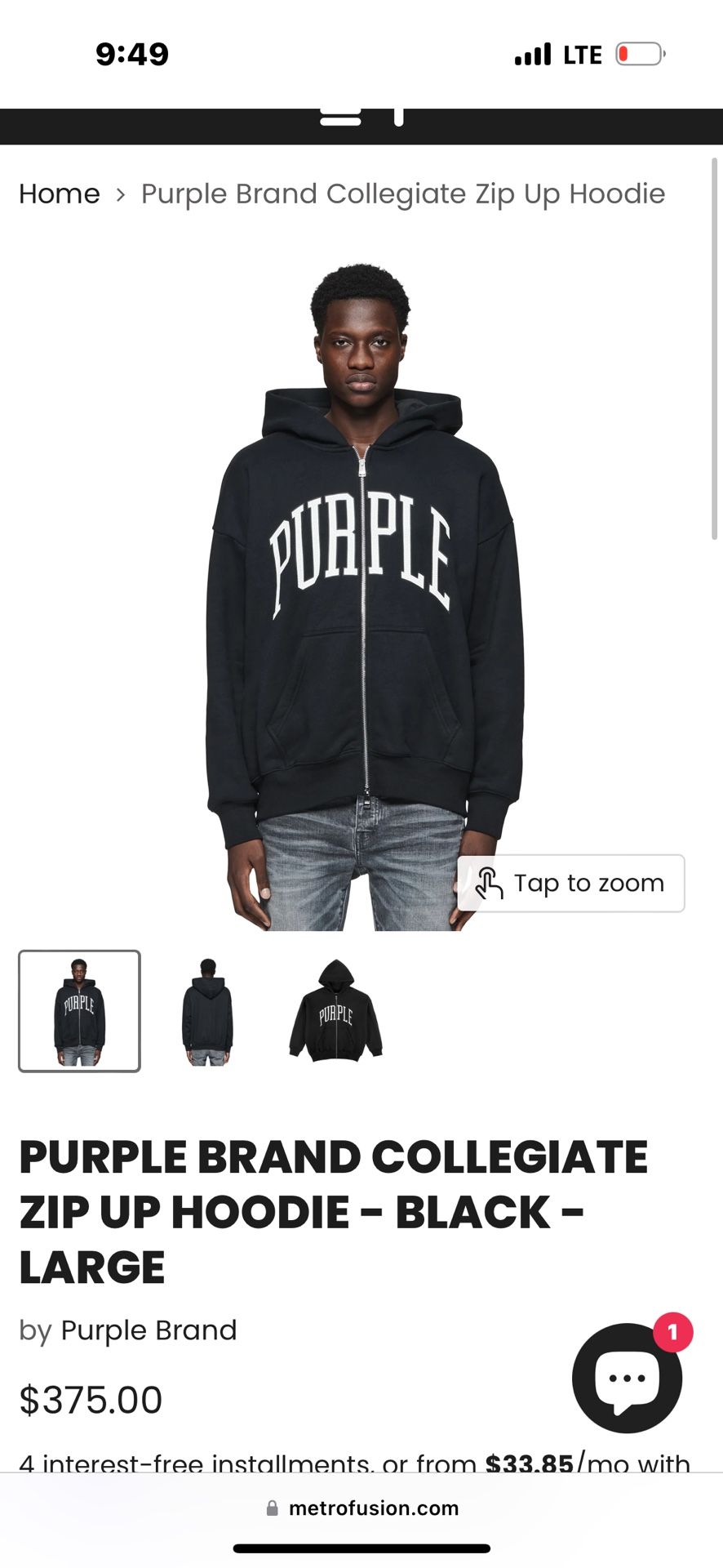 PURPLE BRAND ZIP UP HOODIE 2XL