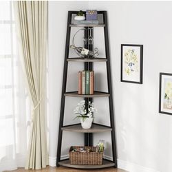 C0785  Tribesigns 70 inch Tall Corner Shelf, 5 Tier Industrial Corner Bookshelf Bookcase Industrial Corner Ladder Shelf Plant Stand for Living Room, K