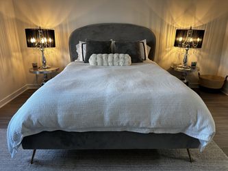 Grey Velvet Queen Size Bed With Gold Legs