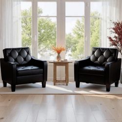 Set of 2 Black Leather Accent Chairs – Tufted Club Chairs for Living Room, Office & Small Spaces