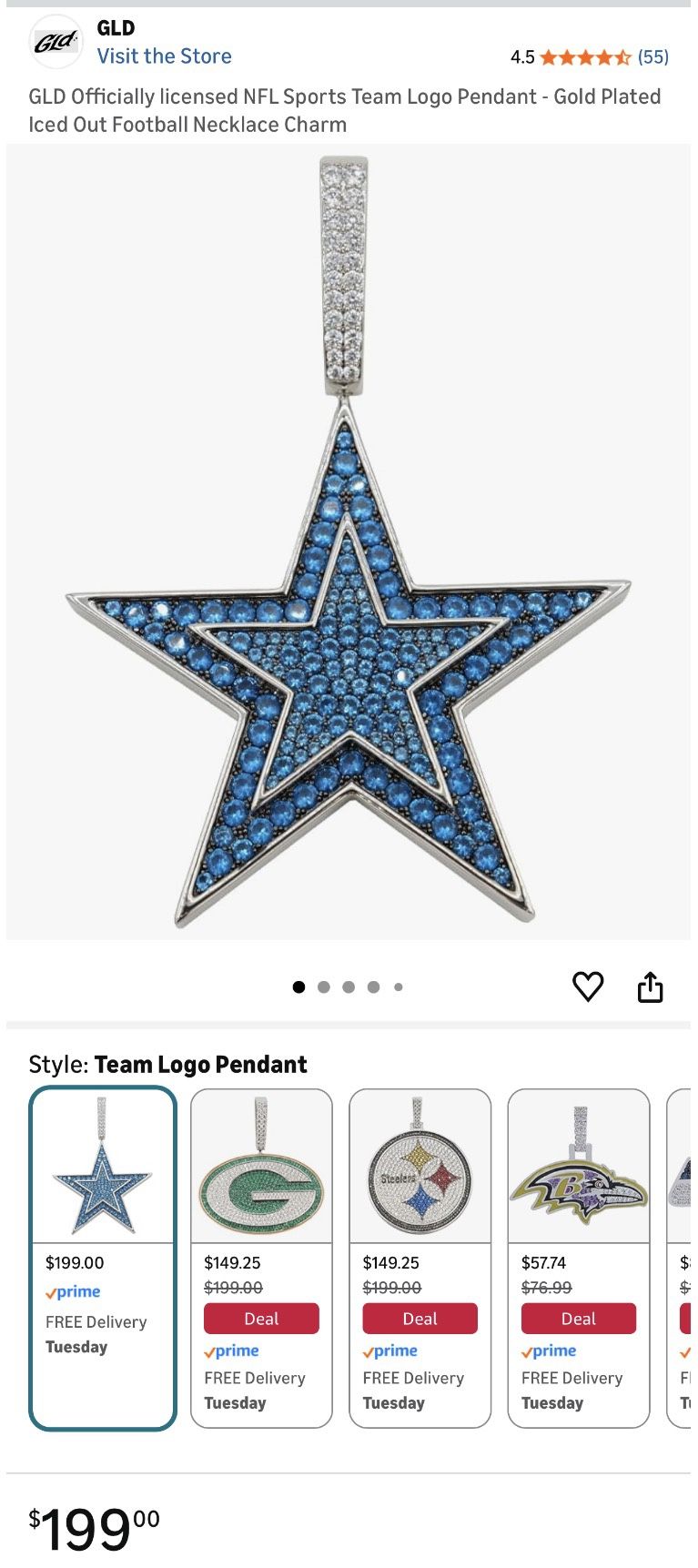 GLD Officially licensed NFL Sports Team Dallas Cowboys Logo Pendant - Gold Plated Iced Out Football Necklace Charm