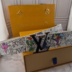 Louis Vuitton Belt 36-41" Mens White Cartoon 
