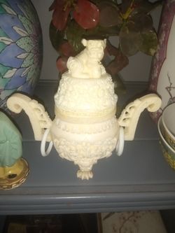 Vintage Chinese Hand Carved Resin Foo Dog Censer With Removable Top , Signed Piece