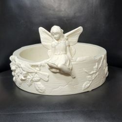 Vtg PartyLite Ivory Angel Spring Song Fairy Dragonfly Candle Holder Trinket Bowl