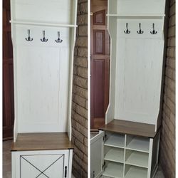 Barn Door Hall Tree with Bench and Shoe Storage / Coat Rack with Shoe Bench