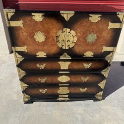 Vintage Asian Burl Wood and Brass Tansu Chest Mid Century
